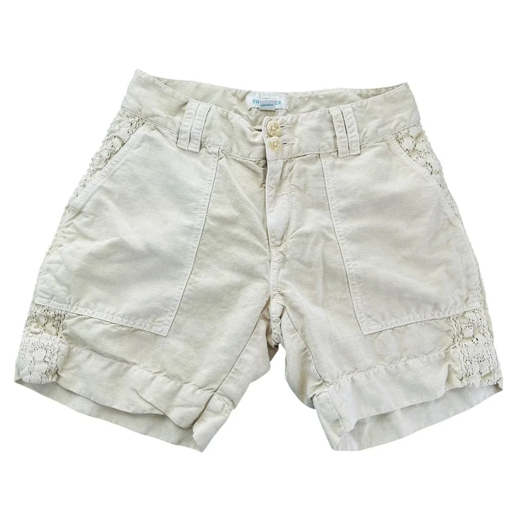 SUNDANCE Linen Blend Shorts Sandy‎ Beige Crochet Lace Trim 6
